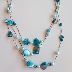 Turquoise Iridescent Stone and Bead Necklace